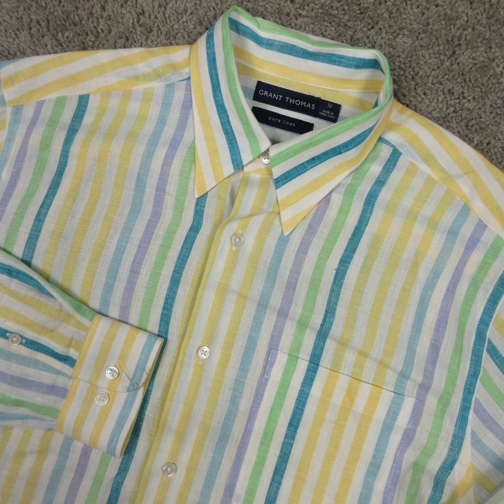 Grant Thomas Shirt Mens Medium Yellow Striped Pure Linen Summer Vacation Light